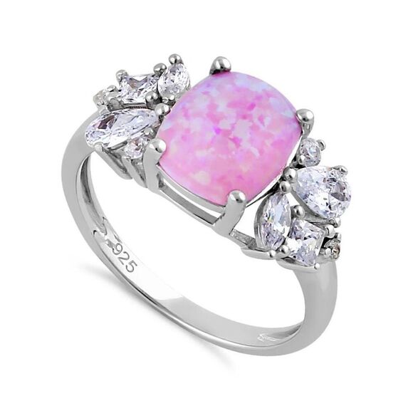 New Sterling Silver Elegant Squoval Pink Opal with Clear CZ Ring - Picture 1 of 4